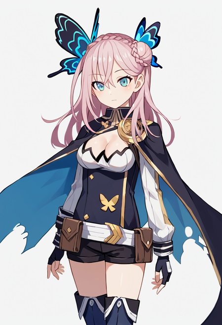 score_9, score_8_up, score_7_up, source_anime,
1girl, 
celica_derq, pink hair, long hair, sidelocks, hair bun, braid, hair ornament, butterfly hair ornament, blue eyes, medium breasts.
3xplorer_mode, cape, blue inner cape, black shorts, shirt, cleavage, white sleeves, long sleeves, fingerless gloves, black gloves, belt, belt pouch, medallion, blue boots, 
bust up, cowboy shot, simple background