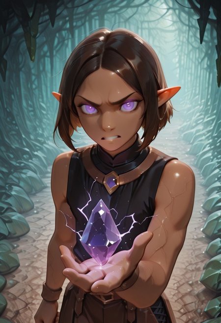 1 Lapanya, solo, Repeta, violet eyes, black sleeveless top,
furrowed eyebrows, pained expression, gritted teeth, purple electricity, purple veins, glowing eyes,
Holding purple gemstone in one hand, 4-sided gemstone, small gemstone,
organic cavern background, 
Medieval style, Smooth colors, detailed eyes, clean lines, high quality, best quality, masterpiece, rating: safe, source: anime,