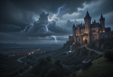 Stable_Yogis_PDXL_Positives, masterpiece,best quality,amazing quality,very aesthetic,high resolution,ultra-detailed,absurdres,newest, outdoors, mw01out, mwl01, castle, castle on the edge of a cliff, white walls, purple turrets, nighttime, night, stars, moonlight, thunderstorm in the distance, thunderclouds, overlooking a distant valley