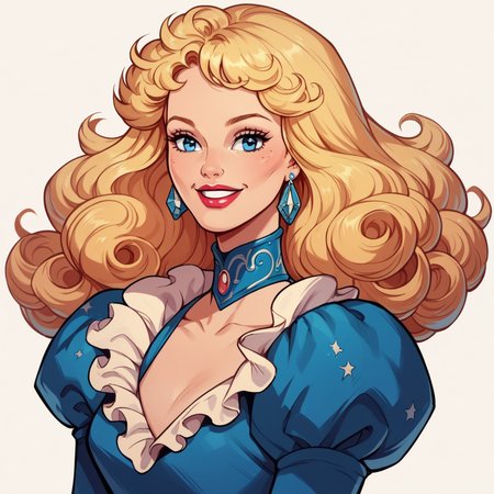 score_9, score_8_up, score_7_up, score_6_up, score_5_up, score_4_up, hud_millirob, 1girl, blonde curly hair, blue eyes, solo, dress, jewelry, retro artstyle,  lipstick, smile, <lora:hud_millirob:0.8>