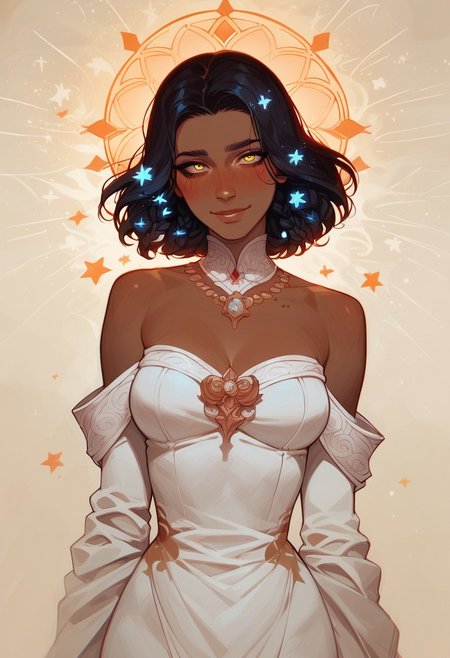 score_9, score_8_up, score_8. score_9, score_8_up, score_7_up, score_6_up, masterpiece, 4k, high quality, (best quality:1.1), ExpressiveH,
1girl, solo, exotic goddess of randomness, yellow eyes, petite and curvy body type, medium breasts, dark-skinned with glowing white marks, shy smile, medium-length hair, twin braids, black hair with golden tips, wearing a divine dress made of shimmering stardust, adorned with a necklace of floating stars, standing in a cosmic realm filled with nebulae and galaxies.
