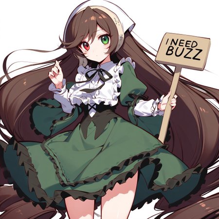 Poverty,holding a sign that says "I need Buzz, desu...", 1girl, suiseiseki, solo, long hair, white background, heterochromia, brown hair, red eyes, long sleeves, green dress, dress, very long hair, green eyes, frills, black ribbon, ribbon, white headwear, bangs, masterpiece, best quality, late, <lora:char - suiseiseki - v1 - bionagato:1>