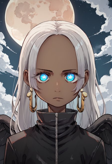 (score_9, score_8_up), score_7_up, zPDXL, S-Snake, 1girl, dark-skinned female, white hair, long hair, star-shaped pupils, earrings, black wings, feathered wings, black cloak, high collar, closed coat, looking at viewer, upper body, night, stars, clouds, moon, expressionless, blue eyes, glowing eyes <lora:S-Snake_XL_Pony:1> <lora:kotoyama_PonyXL_style_v01:1>