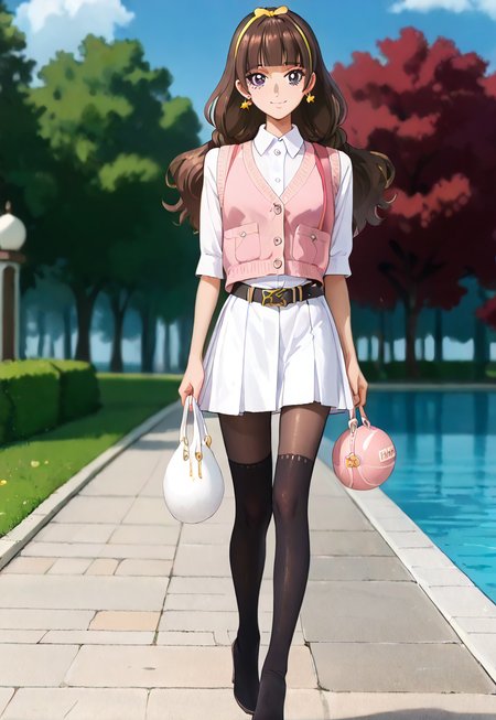 (score_9, score_8_up, score_7_up, score_6_up, score_5_up, score_4_up),
best quality,masterpiece,source anime,very aesthetic,absurdres,
1girl,solo,18yo,
break,
<lora:kirara.pony:1>, kirara, 
<lora:1018 Home wear 34_v1_pony:1>, ruanyi1018, black belt, collared shirt, pink vest, white skirt,
<lora:mockpantyhose:1>,xmockotkx, black pantyhose, black thighhighs, 
break,
shiny skin,white skinned girl,shiny hair,large breasts,slim body,(sagging breasts:0.3),
blush,
light smile,
detailed background,
outdoors,
depth of field, dutch angle, full body,