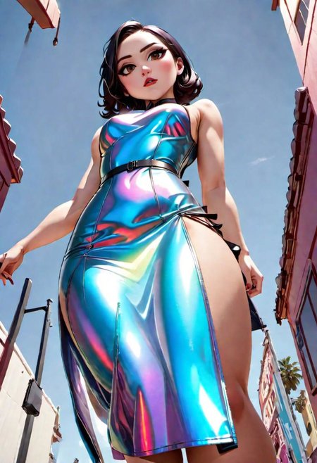 (view from below:4.5), ((fish eye lens)), woman wearing a tight short dress, looking at viewer, shimmering eyes, pouting, glossy skin, hand on waist, gothic makeup, black lipstick, ((feet)), view under the dress,
pureerosface_v1, FastNegativeV2, Fixhand, iridescent, Perfect Hands, ah1