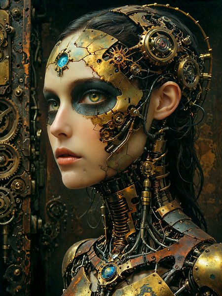 steampunk style, Professional photography. 

A mechanical person with cybernetics exposed on the side of their face.

antique, mechanical, brass and copper tones, gears, intricate, detailed.

<lora:OMG-Is-DucHaiten_v1.0:1.0>
<lora:sdxl_lora_beksinski-000018:0.4> digital artwork by Beksinski 
<lora:The_Dark_Side_of_the_Earth:0.2>