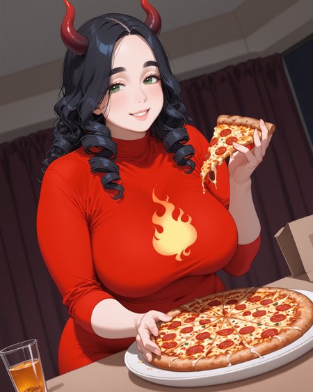 PonyScores7, source_anime, rating_safe, ah1, 1girl, (curly hair), long hair, (black hair:1.4), mature female, (parted hair:1.7), (round face:1.2), (no_bangs:1.3), (no_fringe:1.6), (thick eyebrows:1.2), (curvy), round-chin, (greenish hazel eyes), caucasian, (downturned eyes:1.2), (plump face), <lora:ETO_OCPonyXL:0.5> eto_oc, (skindentation), (plump), thick thighs, wide hips, busty, voluptuous, kinky curls, lips, bad-hands-5, <lora:venus body PonyXL:0.4>, <lora:xl_more_art-full_v1:0.2>, <lora:shinyskin2:0.2> glistening skin, <lora:aesthetic_anime_v1s:0.2>, <lora:Expressive_H:0.2> Expressiveh, <lora:hairdetailpxl:0.2> hairdetailpxl, <lora:EpicF4nta5yXL:0.2>, <lora:detailxl:0.2> detailxl, <lora:Fant5yP0ny:0.2>, best quality, amazing quality, best aesthetic, absurdres, <lora:expressive eyes:0.2> expressive eyes, <lora:eyedetailpxl:0.2> eyedetailpxl, illustration, Volumetric_Lighting, ultra-detailed, very aesthetic, intricate details, 8k, masterpiece, best_quality, smile, (Dutch Angle (from behind) view Distance shot), (In a modern urban environment with the Burj Khalifa in the background), <lora:Eyes_High_Definition:0.6> EyesHD, looking at viewer, (((zircon fiery red costume with devil horns, sheer stockings, pointed heels))), <lora:Facestuffing_lora:0.8> face stuffing, eating pizza, pizza box, pizza slice,