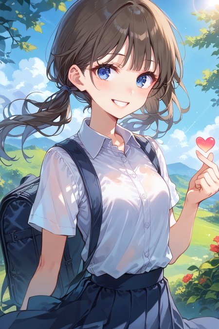 abs zPDXL, score_9, score_8_up, score_7_up, source_anime, rating_sensitive, best quality, masterpiece, 4k, perfect lighting BREAK 1girl, solo, beautiful skin, shiny hair, shiny eyes, eyelashes, detailed eyes, blush, small breasts, smile, long hair, brown hair, black hair, grin, blue eyes, nose, steelblue eyes, osage,low twintails, shirt, teeth, white shirt, lips, backpack, collared shirt, floating hair, dress shirt, school uniform, short sleeves, outdoors, lens flare, wind, portrait, school bag, blurry, looking at viewer, blurry background, depth of field, upper body, day,  <lora:osage_pony_V1.0:0.6>  <lora:Expressive_H:0.6> expressiveh, <lora:finger_heart_korean_retry_1:1> finger heart,  <lora:kishida.pony:0.8> kishida