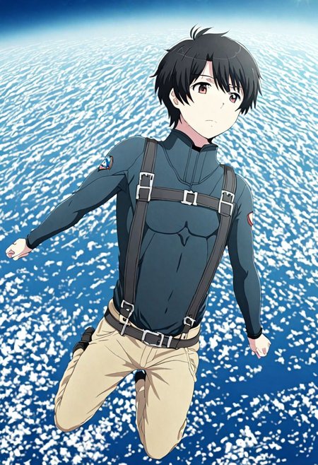 high resolution, solo, best quality, 1Boy, Inaho Kaizuka, Black Hair, free fall, sky , OverallDetail