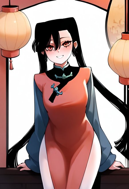 <lora:hudasheng:1>,hudasheng,1girl,long hair,red eyes,solo,long hair,black hair,hair between eyes,ponytail,pigtails,long sleeves,white_pantyhose,china_dress,
standing,looking at viewer,smile,blush,light_blush,white background,simple background,, masterpiece,best quality,amazing quality,
