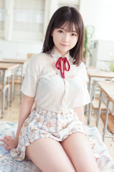 absurdres, (photorealistic:1.4), best quality, real human skin, 1girl, solo, looking at viewer, school uniform, blurry background, short sleeves, white shirt, ribbon, blue skirt, bangs, red ribbon, lips, brown eyes, depth of field, neck ribbon, brown hair, black eyes, school, (huge breasts), pose, (__kimono-color_), <lora:Rio-obentoai-v1:0.75>, (photorealistic:1.4), smile, detailed face, simple background
