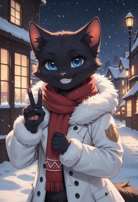 score_9, score_8_up, score_7_up, source_furry, high quality, perfection, detailed, aesthetic, well-lighted,
outdoors, city, night, winter, white background, snow, snowfall,
1girl, solo,
furry female, anthro, furred body, fluffy fur, beautiful girl, cute girl, young, youthful, beautiful face, beautiful eyes, perfect eyes, detailed eyes,
(cat girl), (black fur:1.2), one-tone fur, blue eyes, (no hair, hairless, bald), big eyes,
winter clothes, oversized fur coat, white coat, huge scarf, red scarf,
grin, v sign,
<lora:princess_xl_v2:0.6>, <lora:p_ami_v10_adafactor:0.4>, <lora:incase-ilff-v3-4:0.5>, <lora:CleanDetailed_Eyes:0.25>,âââ