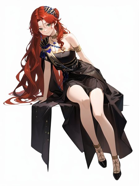 1girl,closed mouth,looking at viewer,sophia\\(reverse:1999\\),smile,hair bun,sophia\(manus vindictae\)\(reverse:1999\),,simple background,white background,black dress,long hair,full body,sitting,<lora:sophia-000012:0.8>, masterpiece, best quality, very aesthetic, absurdres