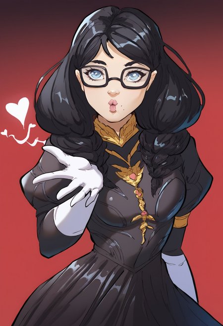 score_9, score_8_up, score_7_up, score_6_up, bbp-dh BREAK, IncrsBlowingKiss, heart, blowing kiss, 1girl,solo, bayonettaxl,light blue eyes,makeup,black hair,red hair,mole under mouth,glasses,jewelry,skirt,twin braids,black bodysuit,clothing cutout,long sleeves,white elbow gloves <lora:Artist_Style_-_Bad_Boy_Pool_JAB_PDXL:0.8> <lora:add-detail-xl:0.3> <lora:BayonettaPxl:0.7> <lora:FrierenBlowingKissMeme_XLPD:0.8>