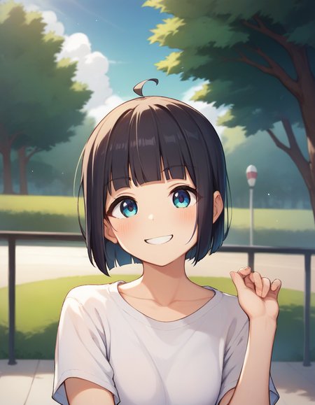 score_9,score_8_up,score_7_up,score_6_up BREAK official art,solo,outdoors,upper body,(portrait:1.5),looking at viewer,facing viewer,smile,Ichika,ahoge,short hair,black hair,bob cut,blunt bangs,blue eyes,collarbone,t-shirt,white shirt,short sleeves,denim shorts,shorts rolled up,bare legs,sneakers,blue footwear,<lora:Ichika(1ssakawaguchi)-Pony:1.3>,<lora:Smooth Anime Style LoRA XL:0.8>,