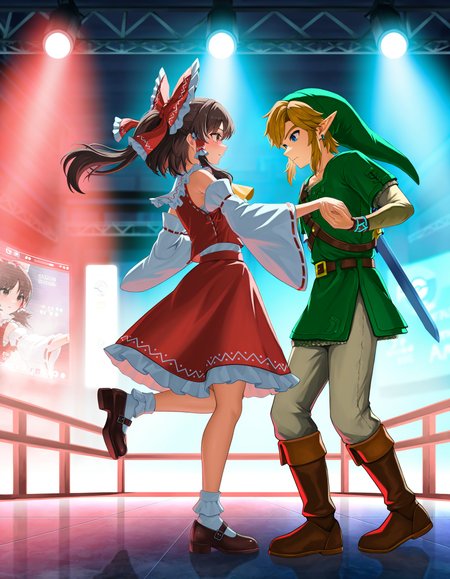 masterpiece, best quality, very aesthetic, newest, highres, absurdres, 
1girl, 1boy, 1other, hakurei reimu, link, lucario,
amazing quality, very awa, ultra-detailed, scenery, detailed background, cinematic lighting, pokemon \(creature\), dynamic pose, link focus, hakurei reimu focus, wristband, pointy ears, mary janes, detached sleeves, dress, hat, shoes, skirt set, red dress, white legwear, dancing, short sleeves, hair tubes, outstretched arms, blue eyes, bow, ponytail, shorts under skirt, from side, standing on one leg, bobby socks, brown footwear, brown hair, master sword, standing, crossover, holding hands, socks, skirt, blonde hair,
A scene from a video game. it shows two characters, a girl and a boy, engaged in a battle. the background is filled with colorful lights and explosions, creating a chaotic and dynamic atmosphere. the overall mood of the image is intense and action-packed.