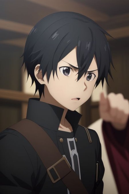 high resolution, solo, best quality, 1Boy, Kazuto Kirigaya, portraits, Black Hair, Black Eyes, anger, fight, OverallDetail