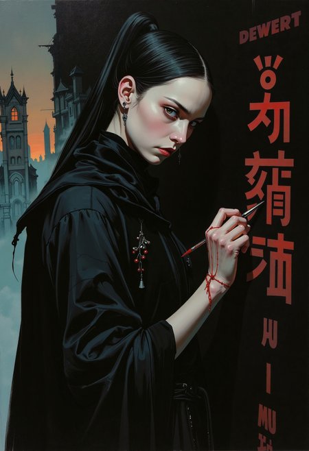 A hauntingly beautiful oil painting in a semi-realistic dark fantasy horror style, blending anime influences with cinematic drama. The scene is an extreme close-up of a towering, impossibly tall and thin female figure, her face a masterpiece of eerie elegance. Her skin is deathly pale, almost translucent, with sharp, angular features and sunken eyes that glow faintly in the dark. The background is a solid, foreboding black, but faint traces of a ruined city can be seen in the distance, with one flickering light in a crumbling tower casting long, ominous shadows. The character is dressed in tattered, flowing dark robes that seem to shimmer with an otherworldly texture, and her long, spindly fingers are stained with ink as she writes the same mysterious word over and over on the walls. The atmosphere is thick with dread and an unspoken horror, as if the very air is heavy with the weight of ancient secrets. Hyperdetailed, with bold brushstrokes and vivid, contrasting colors that leap off the canvas., fantasy painting, GTHAN, Gothic,.,oil painting, semi-realistic, dark fantasy horror, anime style, extreme close-up, female character portrait, cinematic, solid color background, ruined city, flickering light, ancient figure, dark dystopian, impossibly tall, thin, creepy, scary, hyperdetailed, flowing dark robes, long spindly fingers, ink-stained, writing on walls, mysterious word, bold brushstrokes, vivid contrasting colors, eerie elegance, deathly pale skin, sharp angular features, glowing eyes, tattered robes, shimmering texture, ominous shadows, ancient secrets, dread, otherworldly, hauntingly beautiful, fantasy painting, GTHAN, Gothic,.,<lora:Eldritch_Fantasy1.2.2:0.298> fantasy painting,<lora:Comic book opus IV:0.113><lora:GTHAN-F:0.76> GTHAN, Gothic,<lora:Tsutomu_Nihei_Style_flux:0.329>