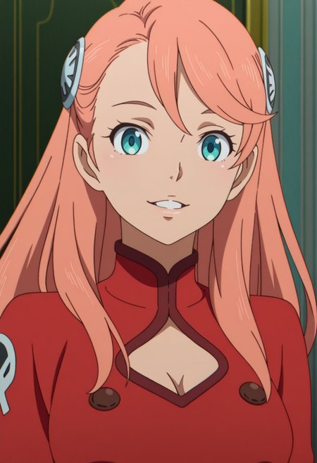 masterpiece,best quality,amazing quality, anime coloring,
greco_aida, 1girl, long hair, pink hair, hair ornament, teal eyes, lower lip, medium breasts, red shirt, high collar, buttons, emblem on shoulder, 
closeup, happy, looking at viewer, parted lips, cleavage cutout,