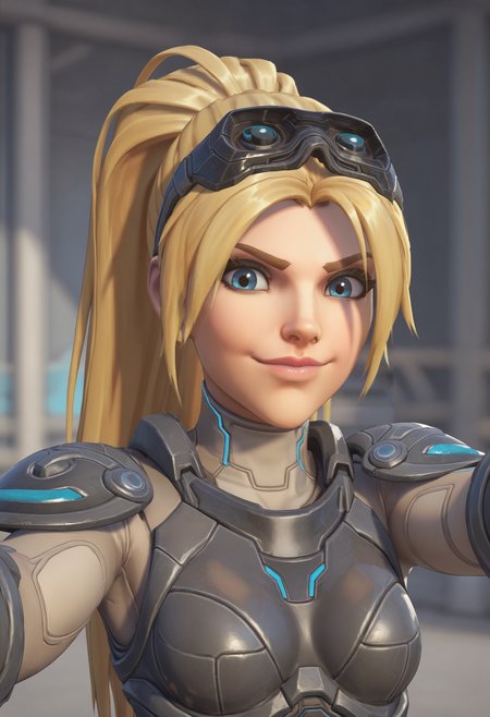 score_9, score_8_up, score_7_up, score_6_up, score_5_up, score_4_up, 1girl, <lora:WidowmakerNova:0.7> solo, medium breasts, ponytail, blonde hair, long hair, blue eyes, bodysuit, armor, goggles, goggles on head, gloves, front view, smile, upper body, selfie pose, 
light blue background, simple background,
