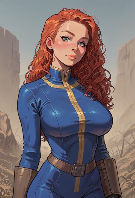score_9, score_8_up, score_7_up,  (masterpiece), (ultra quality), (detailed), (detailed skin texture),1girl,solo,detailed background, outdoors, sunny, upper body,thick thighs,large breasts,midriff, hip bones ,carefree, sexy, sultry,aroused,red hair, long hair, curly hair, unique angle, wearing a Vault Suit with Leather Armor and a PipBoy on her wrist, looking at viewer,