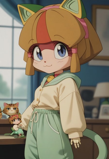 1girl, solo, (Otama, cat girl, ((android)), doll joints, petite), score_9, score_8_up, score_7_up, score_6_up, score_5_up, score_4_up, chibi, short legs, cat tall, looking at viewer, 3/4 side view, slightly smil, medium breasts, thin waist, smile, blue eyes, blurry background, out of focus, Expressiveh, looks at the viewer, jyojifuku, pajamas, baggy pajama pants,