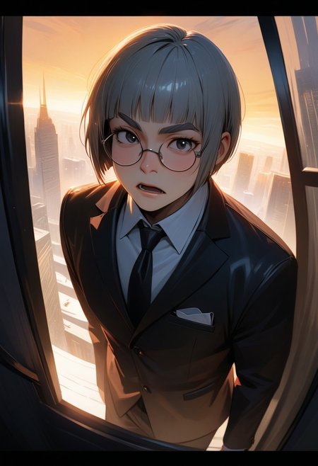 man with bristle, (graphic novel style, dark novel style:1.5),(anime), (masterpiece:1.4), (soft cinematic light:1.1), incredibly lifelike, Extremely high-resolution details, 8k, best quality,extremely detailed, contrast,
high tech design, fullbody, 
 gallery of contemporary art, inside, portrait old woman against the backdrop of a giant floor-to-ceiling window, through which one can see a city landscape with skyscrapers and a sunset , open mouth, 
man in a classic black suit 
white shirt and black tie keeps his hand on his jacket, black loafers, (((gray short bob hair))), round glasses, round black eyes, thin lips, sharp chin, diamond long face, gray sideburns, small ears, thick gray eyebrows, sunken cheeks, (bristle)),
