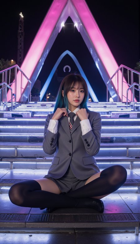 This is a high definition and detailed professional portrait photograph featuring a mahogany woman with dark complexion in a pose. She sits in half-lotus position with her right foot on her left thigh, hands resting on her shoulders, and head turned slightly to the left. She is wearing SGWN25clothing, a formal gray school uniform with black stockings. She wears minimal makeup with a focus on glowing skin. She has blue with highlights shaggy hair styled with bangs.  Create an image of a grand staircase with blue and white LED lights illuminating each step. The pyramid should have sleek, reflective surfaces that catch the glow of the LEDs, adding to the overall brilliance. In the background, place a towering pink LED triangle arch, radiating a captivating and futuristic glow. The scene should feel modern, visually striking, and evoke a sense of grandeur and theatrical elegance.<lora:flux\fxyifu\SGWN25clothing_v1_000003000.safetensors:0.85:0.85> <lora:flux\fxchara\jz5_rank8_bf16.safetensors:0.73:0.73>