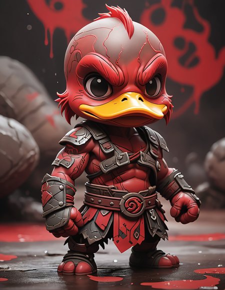 Cartoon style edgy flat matte drawing of a cute Nendoroid (brutal duckling:1.1) MIX (god of WAR),  thick drawing,medium close-up, red tattoo, realistic and detailed skin effect. The soft cinematic light and dramatic atmosphere create an atmospheric perspective that focuses on the character's expression. The color ink wash painting technique adds a touch of artistry to the overall design,
