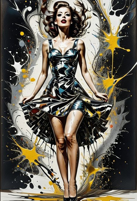 Masterpiece, best quality, 1girl, ArsMJStyle, Monochrome Graphic Etching, female pop singer, retro outfit, ellenGNRC, qu4ntum, made out of,Jackson Pollock style,paint splash