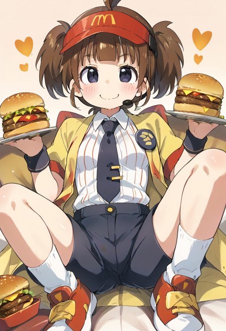 (zPDXL3), 
(zPDXLxxx), 
hiroki, 
1girl, 
Double Cheese,
ahoge,headset,visor cap,red headwear,long hair,brown hair,short twintails,blunt bangs,black eyes,
employee uniform,yellow jacket,open jacket,black necktie,collared shirt,white shirt,vertical-striped shirt,badge,short sleeves,wristband,holding food,hamburger,medium breasts,shirt tucked in,black shorts,short shorts,thighs,white socks,sneakers,
smug, 
looking at viewer, 
hamburgers back ground,
Stacked hamburgers.
piles of hamburgers,