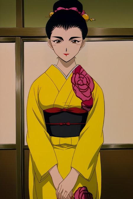 anime screencap,anime coloring,masterpiece,best quality,official style,amazing quality,beautiful detailed hair,beautiful detailed eyes,official anime artwork,retro artstyle,1990s \(style\),Reiko Terayama,1girl,solo,black hair,large breasts,brown eyes,<lora:Reiko Terayama-IL V1:1>,standing,looking at viewer,smile,red lips,lipstick,makeup,japanese clothes,1girl,kimono,sash,obi,yellow kimono,hair ornament,single hair bun,