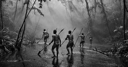 black and white photograph of few indigenous people hunting with spears and sticks in the amazonian rain forest, insane details, dramatic lights, high definition, 35mm camera, film photography style, heavy grain, ral-chrosc-bw, masterpiece, national geographic style, strong vignette, high contrast