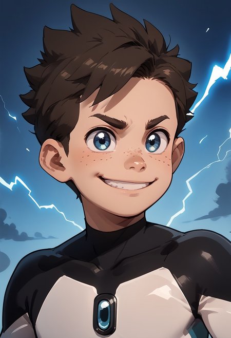 score_9, score_8_up, score_7_up, 1boy, solo, cute boy, Koji, Blue Eyes, Brown Hair, Freckles, Bodysuit, Smile, lightning, portrait, flying, dynamic pose,