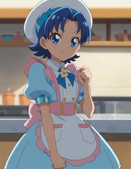 score_9, score_8_up, score_7_up, anime screencap, solo,1girl, tategamiaoi,smile,  hat,  apron, dress,looking at viewer,cowboy shot,small breasts,<lora:tategamiaoi:0.8>