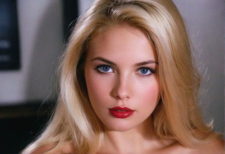 MiamiVice (Lana Lea) ((analog photo)) blonde ((slavic)) woman indoors, blue eyes, glossy dark lipstick, (((soft focus, depth of field, film grain, masterpiece, looking at viewer))) <lora:MiamiVicev2-XL:0.4> <lora:EuroBabe-v4-XL:0.6>