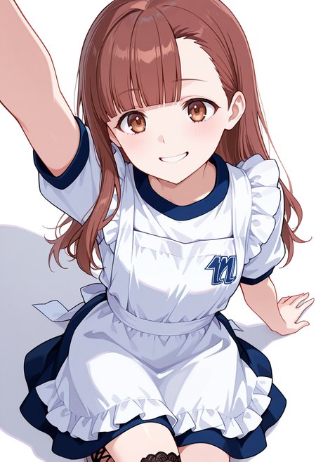 masterpiece,high quality details, absurdres,
<lora:Nagisa_Satou:0.8>
nagisa_cnr, 1girl, brown hair, long hair, blunt bangs, asymmetrical bangs, brown eyes,, simple background, white background, from above,solo,, happy,forced smile,, half-kneeling position,one leg crossed over other,one arm raised,, maid apron,gym shirt,godet skirt,  ,lace-up legwear,