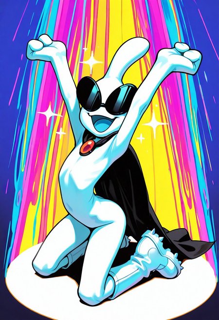 masterpiece, ultra detailed, amazing quality, absurdres, very aesthetic, solo, male focus, 1boy, 
orbulon_WW, white skin, alien, 3 fingers, fewer digits, sunglasses, covered eyes, knee boots, white footwear, spiked footwear, kneeling, brooch, cape, torn cape, :D, smile, open mouth, blue tongue, sparkle, arms up, outstretched arms, head back, slim, small butt, wind, fluttering cape, full body, clenched hands, arched back, 
BREAK 
detailed shading, shadow, spotlight, psychedelic background, multi-colored, WaiIL25PosC, g0th1c, glowing, from above
