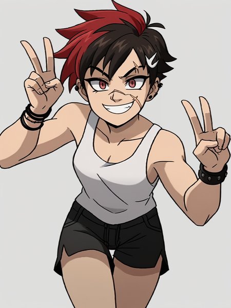 score_9,, 
1girl, very cute face, tomboy, white tank top, shorts, piercing, bracelet, scar on face, front, leaning forward, v, evil smile, piercing, looking at viewer, simple background, dynamic pose, cowboy shot, hair ornament, multicolored hair,
XmenEvo, flat color, official style, cartoon style, <lora:AXmenEvolutionXL_Style:1>