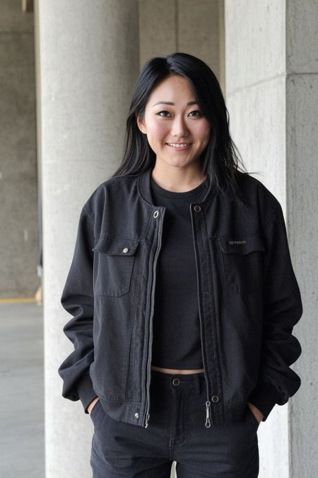 kimimko, 1girl, sparkling eyes, photo(medium), in concrete room, rough concrete background, black soft tech jacket, black zipper pants, military boots, cross-laced boots, looking at viewer, smile, casual pose, sitting on large concrete block,  cinematic lighting, photorealistic, ultra-sharp, detailed, professional photographer, professional hairstyle, blurry background, bokeh
