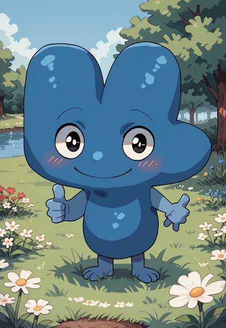 score_9_up, score_8_up, score_7_up, score_6_up, (detailed art style, shiny skin, detailed eyes) 
(Battle_For_Dream_Island), four_(bfb), 1boy, ((solo male)), ((solo focus)), alien, algebralien, blue skin, blue body, big eyes, black eyes, blush, smile, thumbs up, (detailed scenery, detailed background : 1.1), outside, afternoon, verdant park, marsh, (verdant greenery, trees, lush bushes, grass, grassy lawn, wildflowers, water, lake)