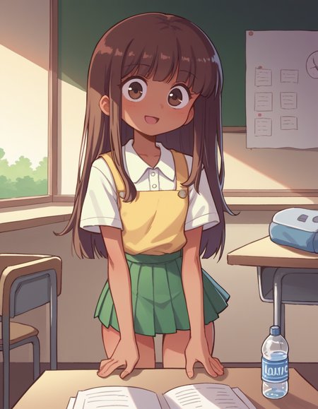 zPDXL, score_9, score_8_up, score_7_up, source_anime, 1girl, solo,
<lora:Orenji_v2:0.8> orenji, (cute school student) young woman, mexican, tan skin, hazel eyes, curvy build, extra long brown bangs hair,  wearing a yellow blouse with a peter pan collar, pleated skirt, white mary janes, lunchbox and water bottle, set in Teacher's Lounge, Inviting space with cozy couches, a coffee table strewn with magazines, a mini-fridge stocked with drinks, a bulletin board covered in notices, a large whiteboard for messages and doodles, at sunset,