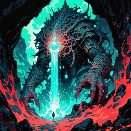 marvellous and wonderful scenery on a distant world, famous artwork inspired by vincent chong and arthur rackham and anato finnstark and aaron horkey,  the imposing "xyloid dreadfunk", a fantastical alien zoodlecrisp with its iridescent warty hide is well adapted to hunt its prey, the "old-fashioned prattleplink" in the shimmering crystalline forests of the zorbgaffeling and vast underground caves on planet "zynkelbold v", creature focus, very aesthetic, extremely detailed, ultra high resolution, 8k, 4k, harmonising colors, wine red and peacock blue and sea green and royal purple and jet black, ovg, in the style of ckpf, amanoer, <lora:style-painterly_fantasy-flux-by_chronoknight:0.76> <lora:style-retro_anime-flux-by_lizardman245:0.36> <lora:style-yoshitaka_amano-elden_ring-flux-by_alicient:0.68>