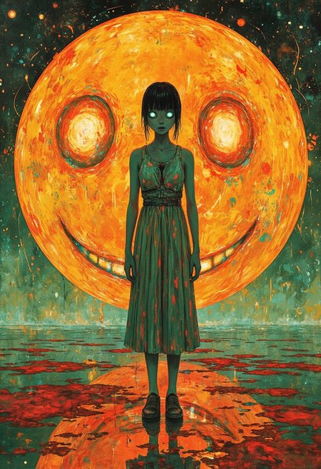 A breathtaking and very detailed, pristine quality masterpiece high resolution photograph. a cyberpunk girl connected to artificial intelligence on cosmic scale  outside, large orange glowing orb with a smiling face, deep shadows,Whimsical impasto illustration featuring oversized, glowing effects, large blue eyes, crisp details, greenish hues dominating, standing on a blood-stained beach Lustrous, Lacquered, Vibrant, Scintillating, Reflective