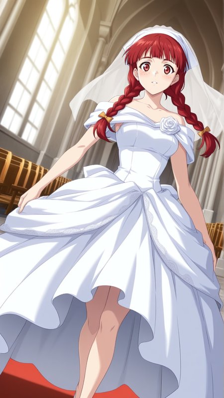 source_anime, general, best quality, masterpiece, 1girl,  <lora:Rosalie_Serue_ill_v1.0:1> rosalie_serue\(srw\), red eyes , red hair, freckles, twin braids, bandana, wedding dress,chapel, dutch angle, dynamic pose,
