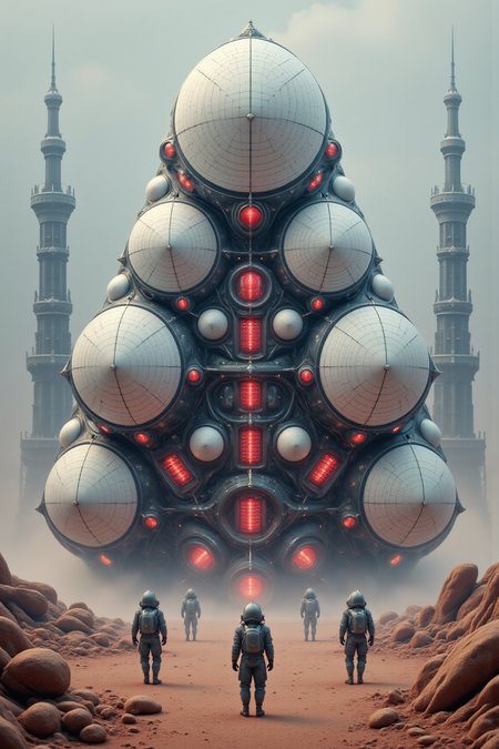 YFG-Ge0m, Masterpiece, best quality, good quality, very aesthetic, absurdres, newest, 8K, depth of field, focused subject, sci-fi cityscape of colossal buildings and towers in an arid dusty landscape, white ceramic surfaces glistening with condensation from the mist, red glowing diodes and lights, large depth of field, sunset, directional lighting, with scientists in spacesuits surrounding it, black, red and white abstract colour palette.