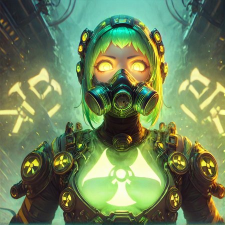 score_9, score_8_up, score_7_up,
 <lora:nuclearhazard_Pony:0.8>nuclearhazard,
girl,solo,,see-trought clothes,glowing eyes,short glowing bright green hair,front view,simetric,eye focus,gasmask on mouth