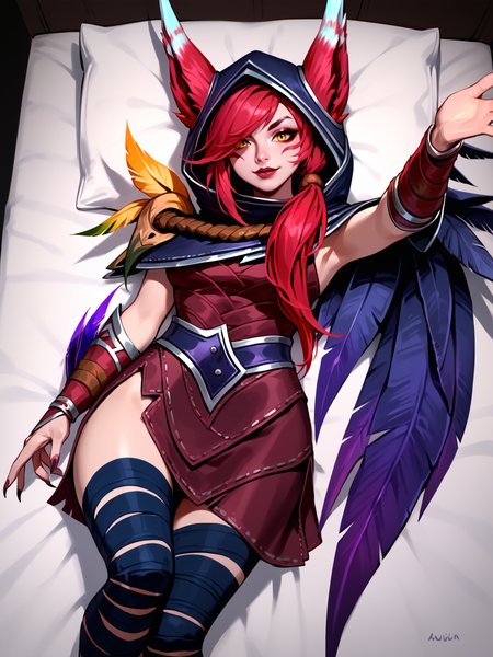 score_9, score_8_up, score_7_up, XayahNormal, 1girl, solo, red animal ears, facial marks, yellow eyes,  red long hair, vambraces, feather cloak, red leather dress, hood, bandages on legs, bird legs, girl is reaching towards viewer for incoming hug, outstretched hands, lying on back, on bed, from above <lora:XayahNormal:1>