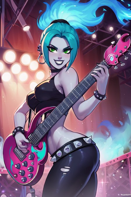 score_9, score_8_up, score_8, medium breasts,  (curvy),     (scene, concert, 1girl, solo, Standing, electric guitar),   zzEmber, ponytail, aqua hair, goth, big belt, blue fire, grey skin,  bare shoulders, cowboy shot, dark, electric guitar, ghost, goth fashion, green eyes, guitar, instrument, long hair, midriff, navel, stage, teeth, tight clothes, torn clothes side view, ass,  <lora:Ember_McLain_P1:1>,  <lora:BoldCAT_P3:0.8>,