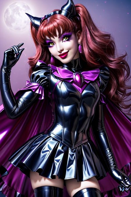 MEvil, EvlSM, Bad_End_Precure, DarkPrecure, adult, evil corrupted princess wearing dark pastel (ruffled:1) (gleaming latex:1) (sailor senshi uniform) with (long latex cape:1) and latex gauntlets, soft lighting, ruffles,
(makeup, lipstick, mascara, eyeshadow),
(red eyes, colored skin, glowing eyes, evil smile),
<lora:more_details:0.5>,